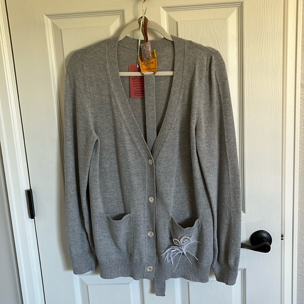 Le Lion EUC grey cardigan with belt and embellishment size M